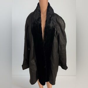 DANY Leather Coat  Women Size L Black Hooded Zip Snaps 4 Pockets Cinched Vintage